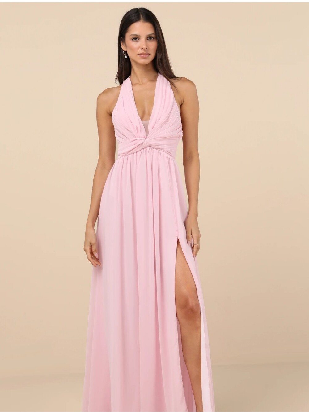 Elegant Pink Halter Maxi Dress with Front Twist